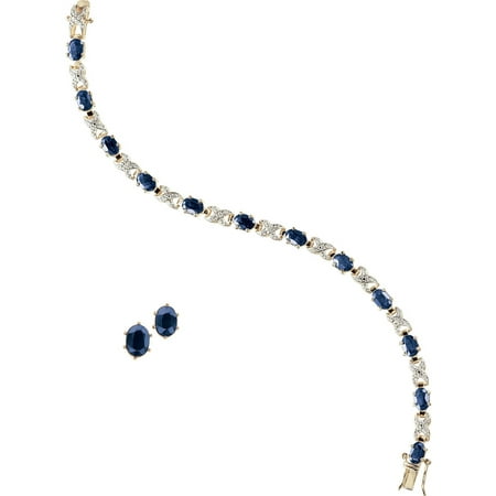 - Gold and Rhodium Plated Sapphire Ovals with Diamond Accent Bracelet with Oval Earring Set, 7