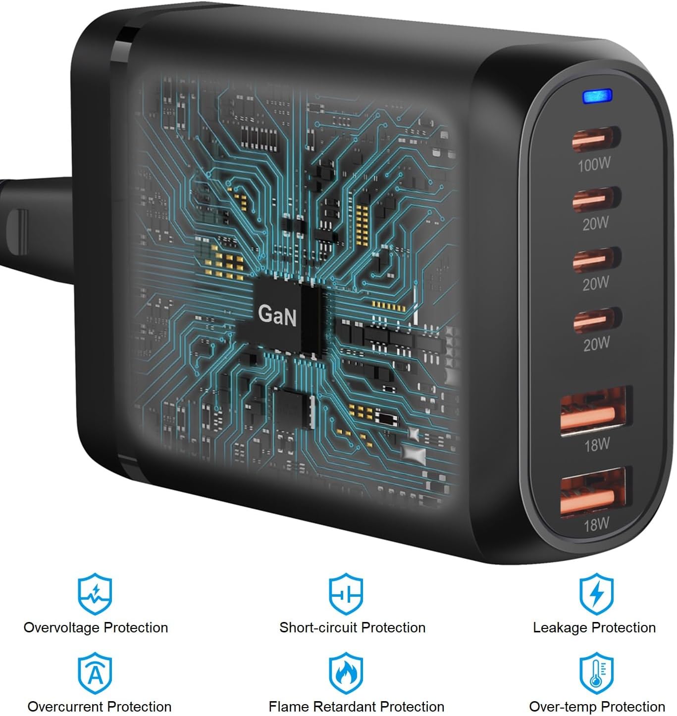200W GaN USB C Charger, 6-Port USB Fast Charging Station, GaN III PD QC Desktop Charger Block for Multiple Devices, Compatible with MacBook, DELL, iPad Tablet