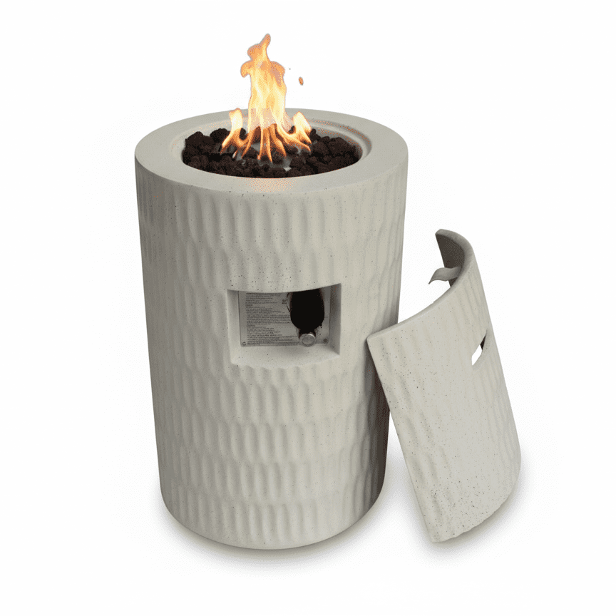 Mintazer 26" Propane Fire Pit, 40,000 BTU Cylindrical Concrete Outdoor Fire Pit with Hidden Tank & Waterproof Cover for Patio Backyard Deck, Beige