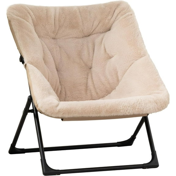 X-Large Saucer Chair, Comfy Oversized Folding Chair, Faux-Fur Reading Chair for Teens, Adults, Foldable Accent Lazy Chair, Metal Lounge Chair for Living Room, Bedroom, Dorm, Light Khaki