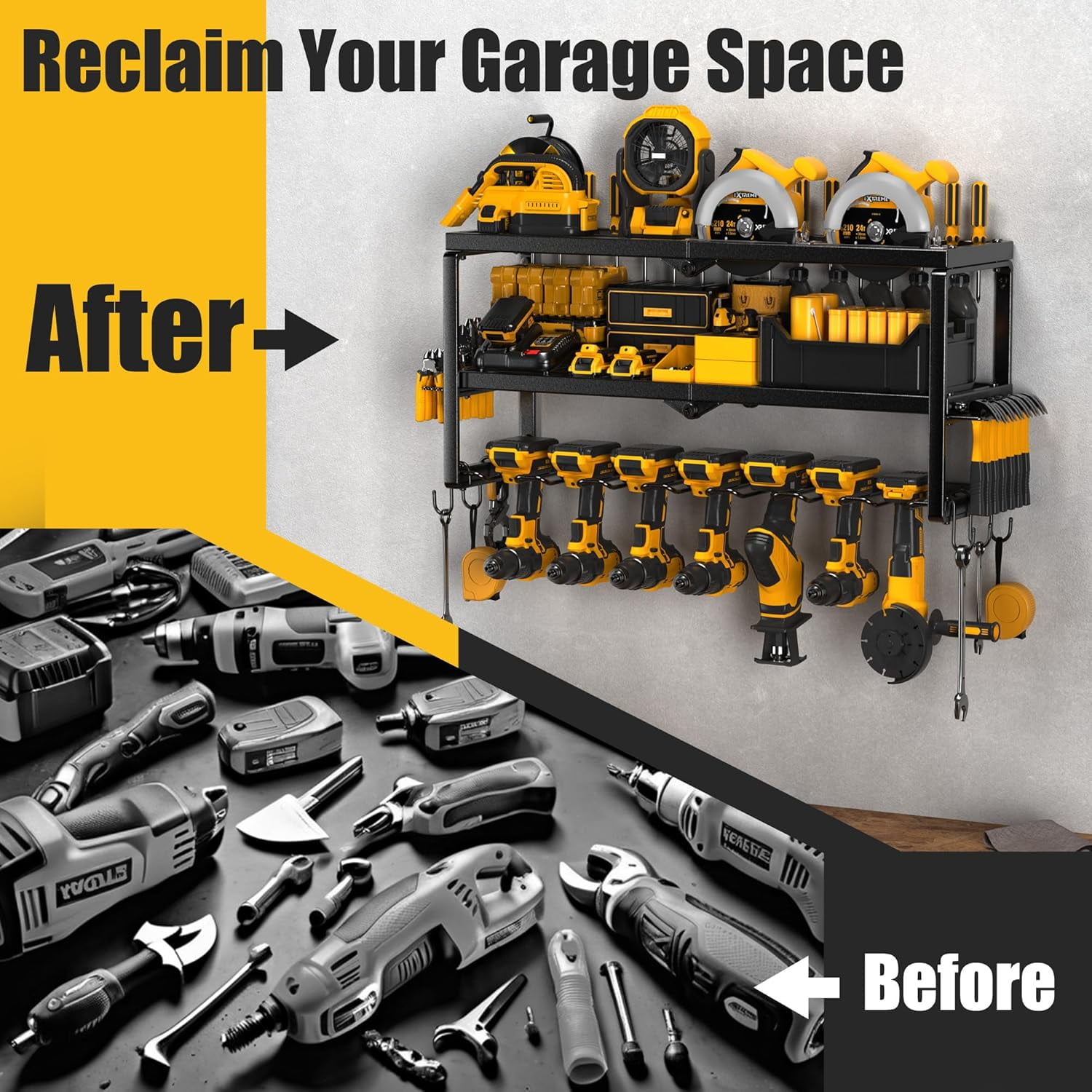Heavy Duty Power Tool Organizer with 7 Drill Holders for Garage Workshop Storage