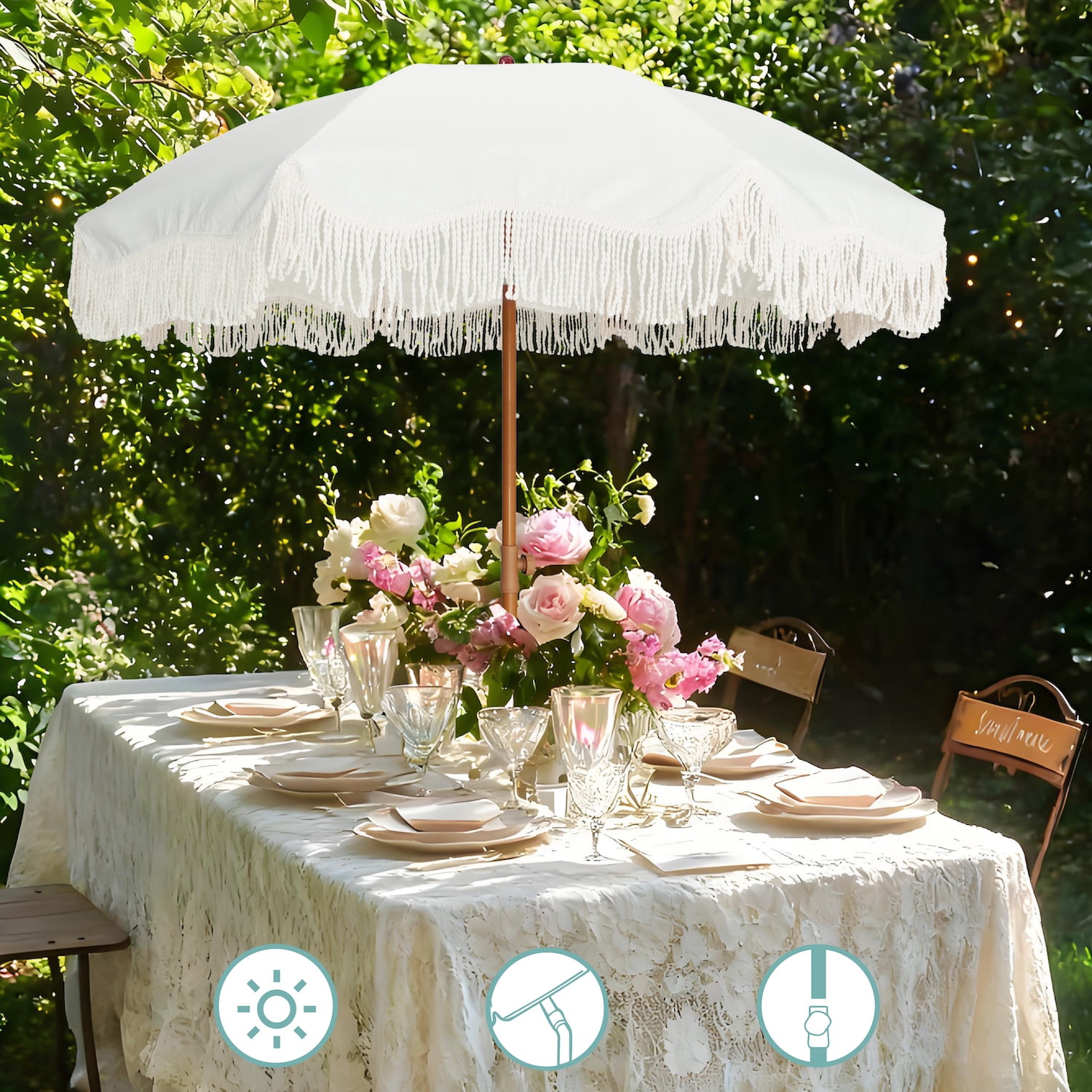 AMMSUN 6.5ft Patio Umbrella UPF50+ with Boho Fringe Tassel Tilt Pole for Outdoor Picnic,Cream White