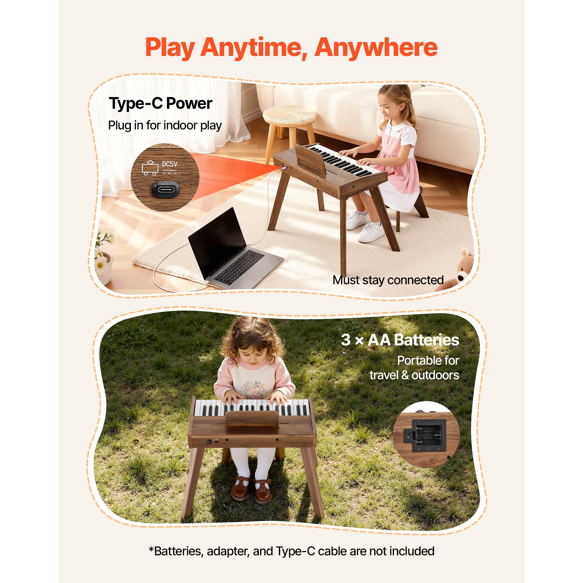 KFFKFF 37-Key Wooden Digital Piano for Kids, Mini Educational Music Instrument with Realistic Sound, Dual Power Options, Adjustable Volume, Ideal for Toddlers and Young Learners, Walnut Finish