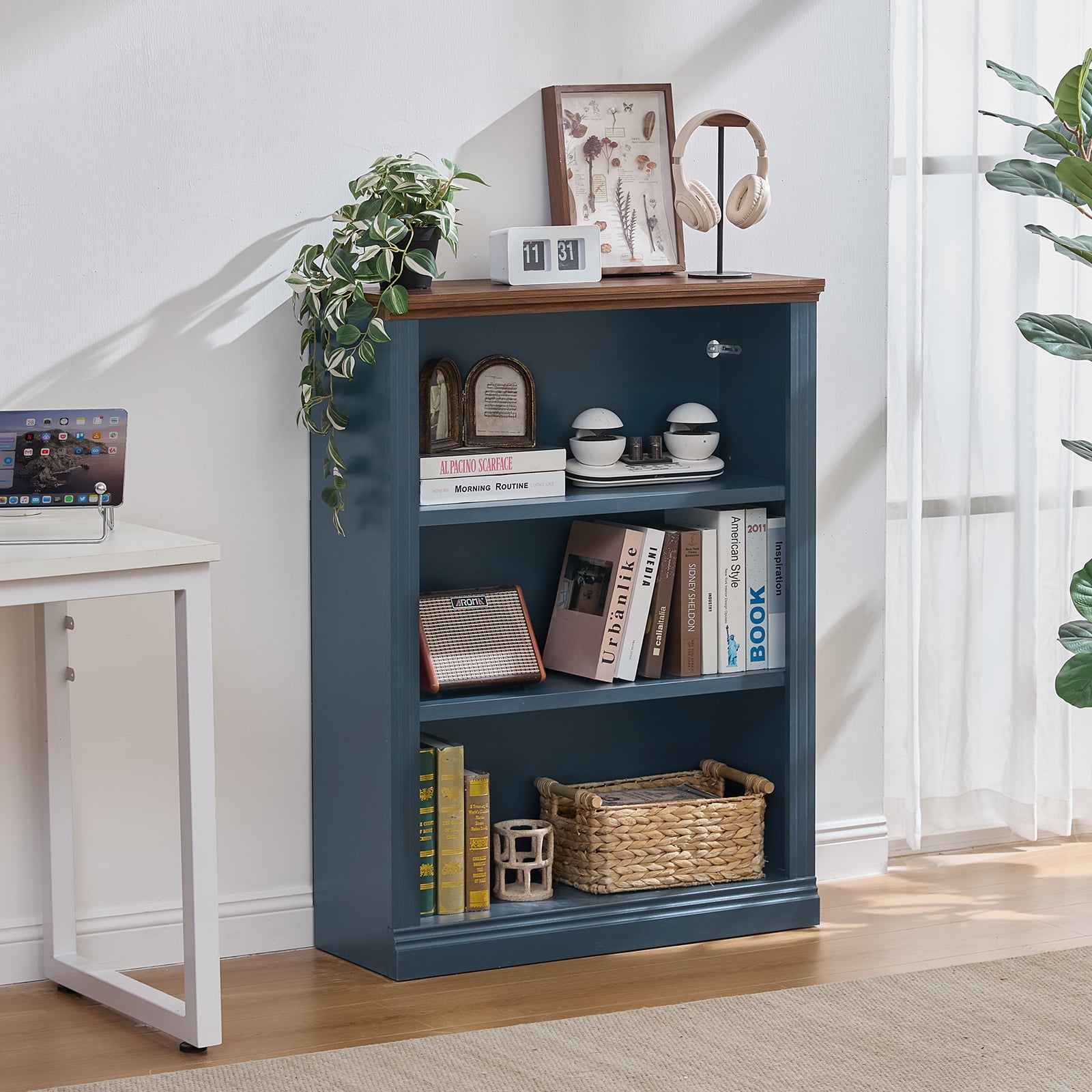 Buildhom 43" Tall Farmhouse Bookshelf, 3-Tier Solid Wood Bookcase with Adjustable Shelves for Living Room & Office, Blue