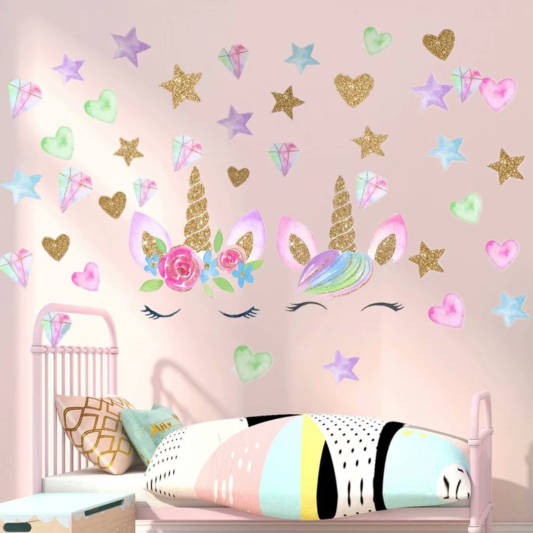 2 Sheets Unicorn Pattern Wall Decals Wall Stickers Decoration with Heart Star Flower Pattern for Children Bedroom Birthday Christmas 