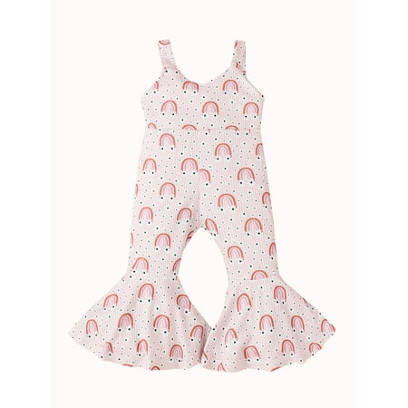 

Toddler Kids Girls Jumpsuits Rainbow/Floral Print Sleeveless Sling Romper Summer Casual Flare Pants Playsuits(12-24Months 2-5Years)