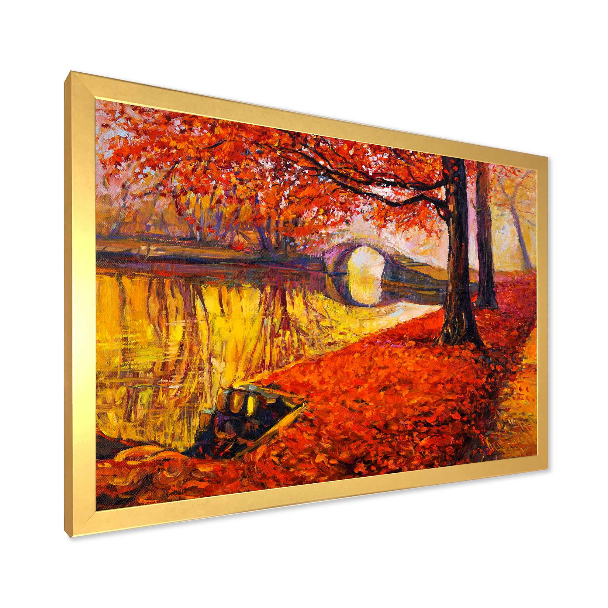 Designart 'Little Bridge In Deep Orange Autumn Landscape I' Traditional Framed Art Print