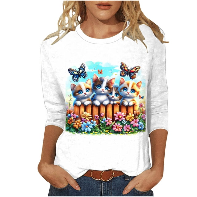 Camisetas de Pascua para Mujeres Pullover Suelto Cuello Redondo con Mangas de Tres Cuartos Y Estampado de Vacaciones, Top Casual de Poliéster Ligero para Trajes Diarios de Primavera