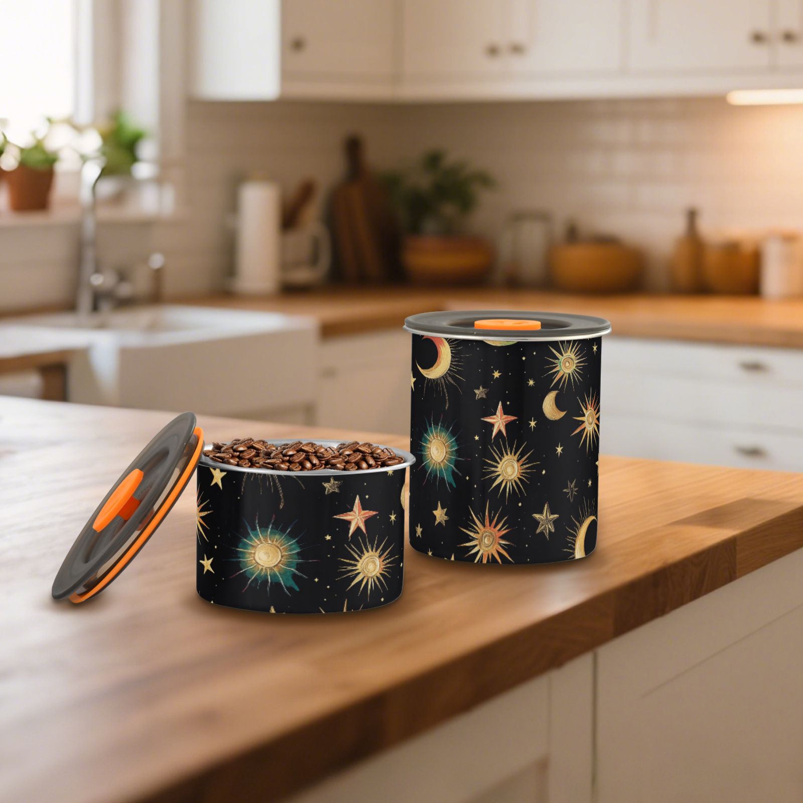 Rainbow Moon Star Sun Airtight Coffee Bean Canister 900 ml Food Storage Containers with Lids For Gournd, Tea, Sugar, Flour, Rice, Cereal, Candy Cookie Jar