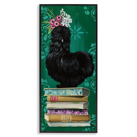 Stupell Industries Rustic Lodge Country Chicken on Bookstack Black Framed Giclee Art, 10 x 24, by Heather Gauthier