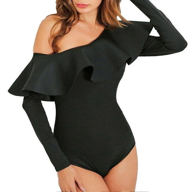 Women One Shoulder Long Sleeve Bodysuit Fashionable Slim Fit Pure Color Ruffle Snap Crotch Jumpsuit Black