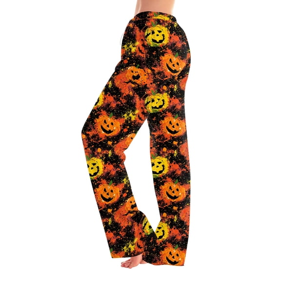IYYVV Halloween Pajama Pants for Women Pumpkin Ghost Pattern Print Lounge Pant Elastic Waist Loose Pj Bottoms Yellow XL