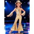thumbnail image 5 of TiaoBug Kids Girls Metallic Funky Dance Jumpsuit and Hat Gloves Fringe Disco 70s Party Outfit Light Gold 14, 5 of 6
