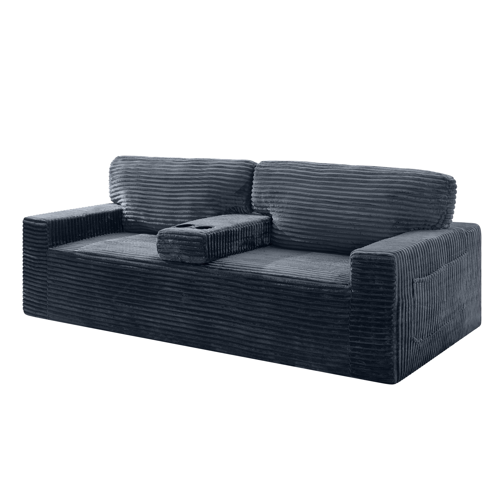 Leumius 91.7" Boneless Couches for Living Room,Plush Corduroy 3 Seater Sofa with Built-in Cup Holders and Side Storage Pocket,No Assembly,Gray