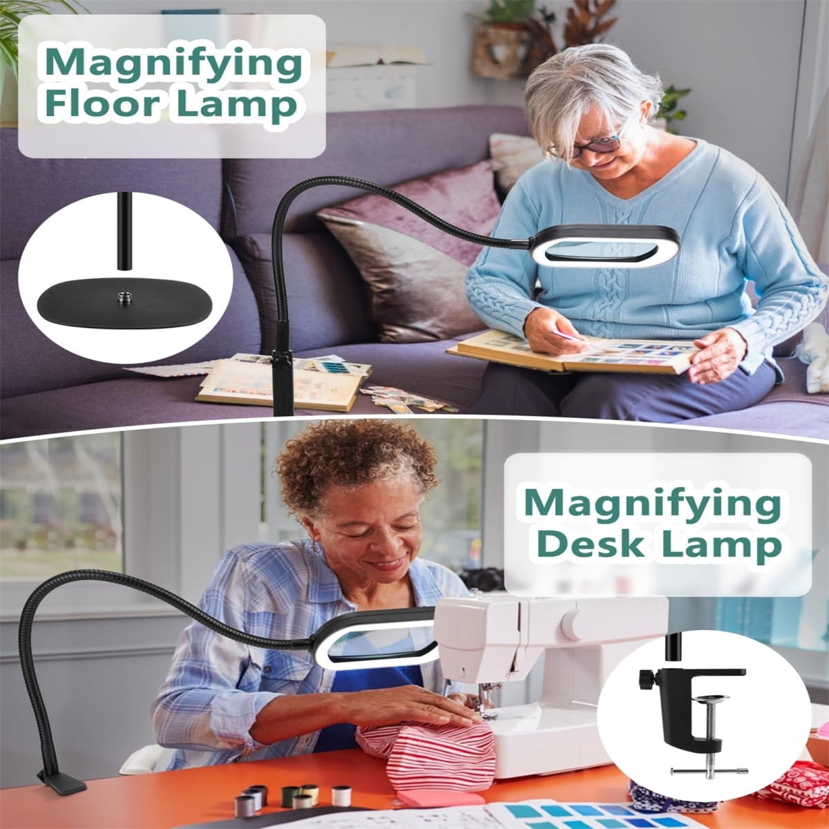 Veemagni Magnifying Glass with Light and Stand, Rectangular Real Glass Lens, 24" Flexible Gooseneck 3-in-1 Floor Lamp,5 Color Modes, Stepless Dimmable,  Hands Free for Craft Hobby Reading.
