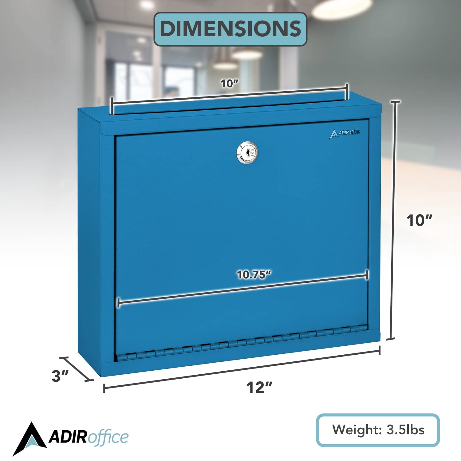 Adir Metal Suggestion Box with Lock and Slot, Wall Mount Deposit Box for Payments and Checks, Mailbox for house, Safe Drop Box with Keys - 3x10x12 Inch Blue