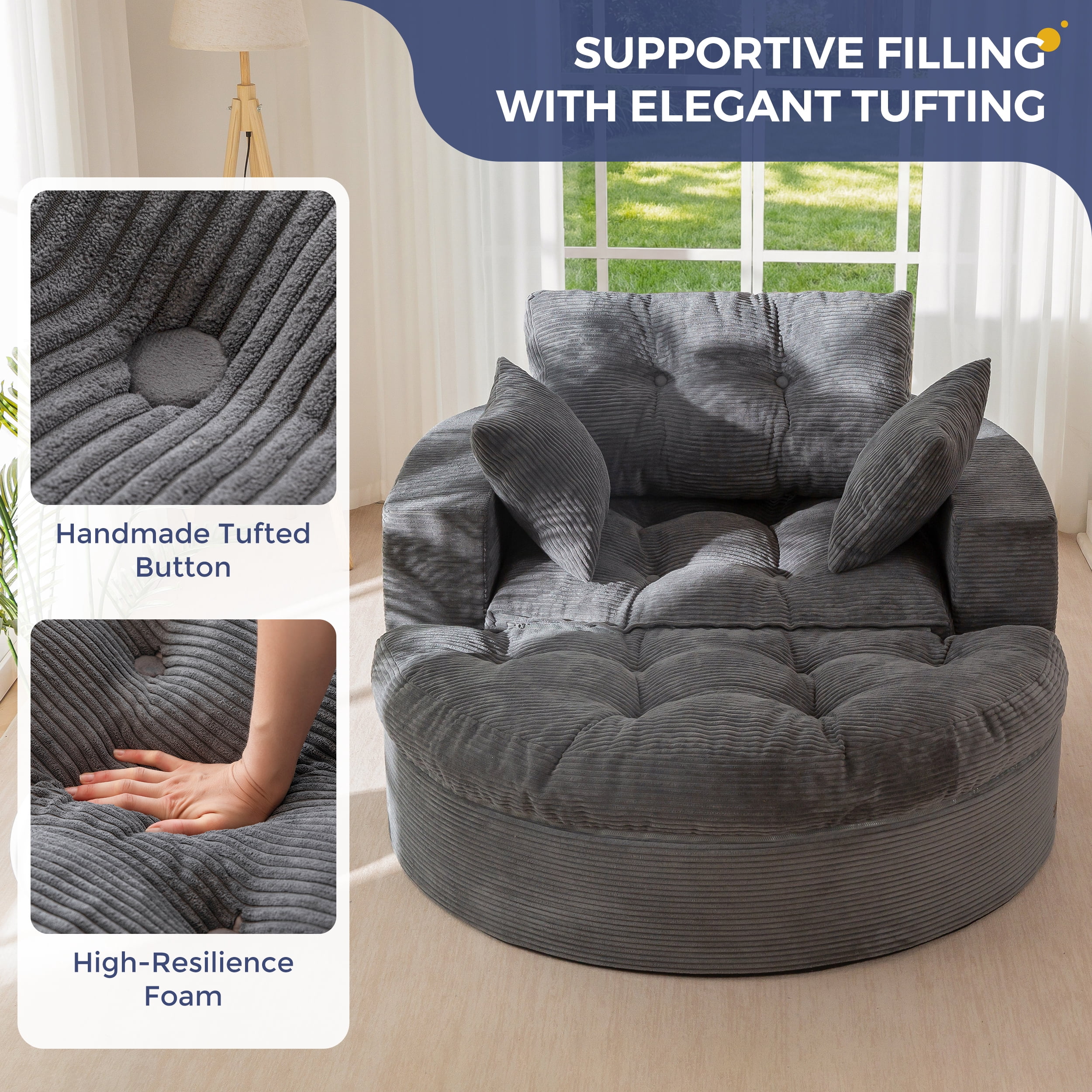 BYBYME 49''Round Chaise Lounge Chair,Corduroy Sofa Bed With Deep Seat,Upholstered Boneless Chaise Indoor,Cozy Sleeper Couch for Living Room with Ottoman,DGrey