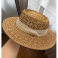 thumbnail image 4 of Sombrero de paja hecho a mano para mujer, nuevo estilo, Riviera francesa, vacaciones en la playa, tejido calado, gorra con protección solar superior plana, talla grande, 4 of 5