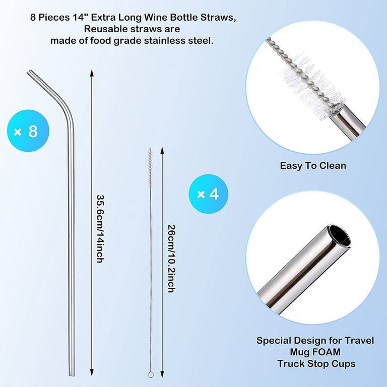 8 Pieces 14 inch Stainless Steel Straws Long Drinking Straws for 100 oz Tumblers, Reusable Metal Drinking Straws Extra with 4 Pieces Cleaning Brush (