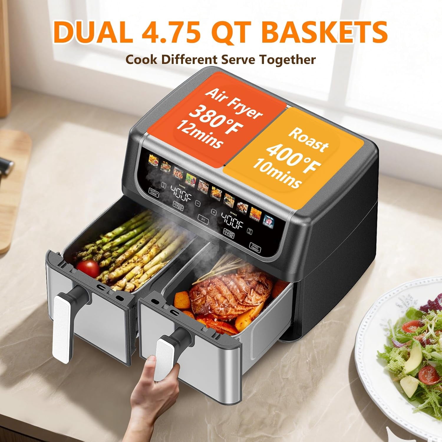 G-Ocean Air Fryer with Dual/Double-Basket, 9.5 Quarts Large Capacity, Independent Temp Control, 10 Preset Modes, Black