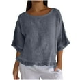 thumbnail image 1 of Haut en Coton et Lin pour Femmes, Col Rond, Manches à Volants, Blouses, Hauts Courts Décontractés, 1 of 7