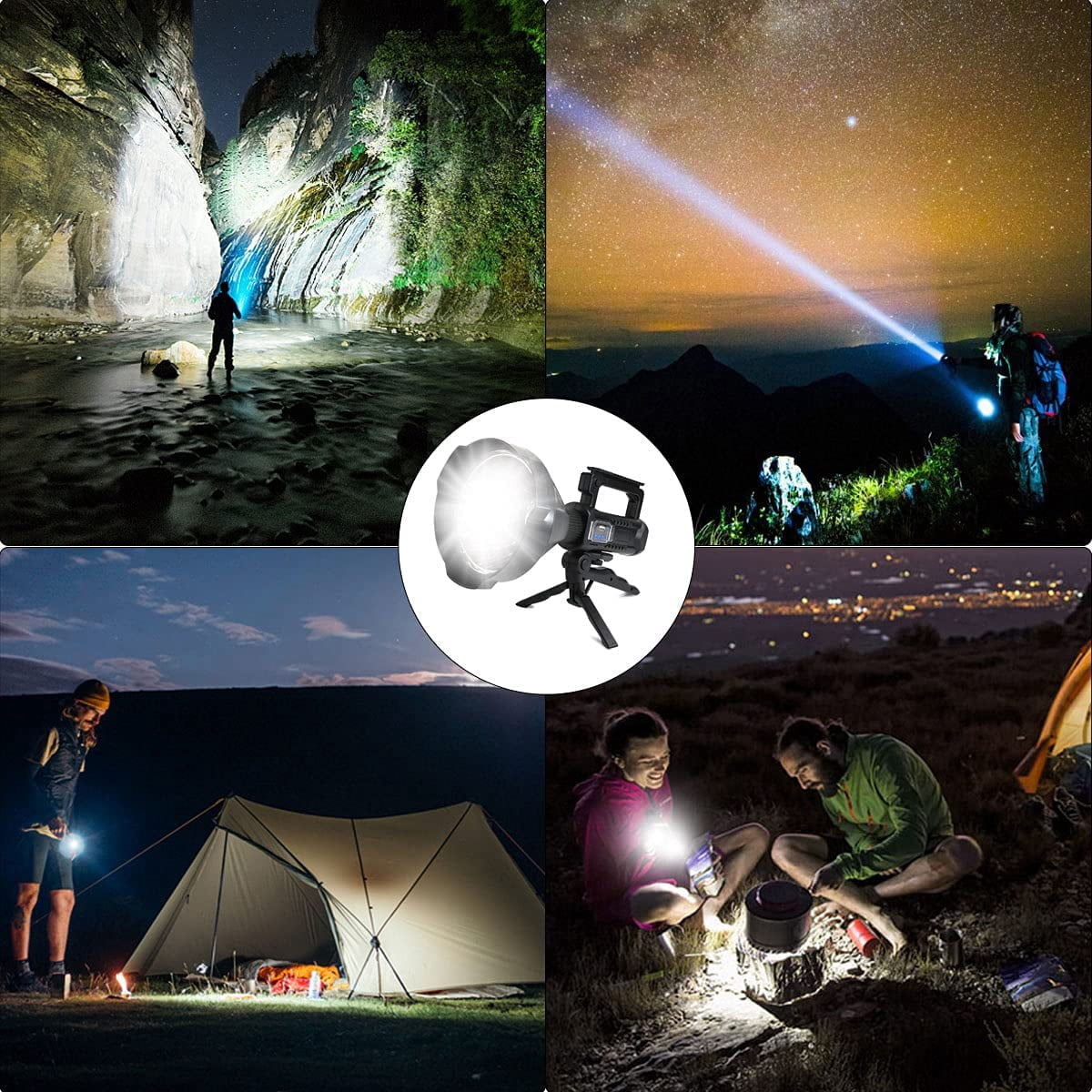 Rechargeable Spotlight Flashlights High Lumens, 90000 Lumens Super Bright LED Searchlight Flashlight with Tripod and USB Output, IPX5 Waterproof, for Emergencies, Fishing, Hiking, Camping