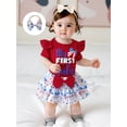thumbnail image 6 of BemeyourBBs Newborn Baby Girl My First 4th of July Outfit Patriot Independent Day Summer Clothes Letter Print Flying Sleeve Romper Star Bow Tiered Ruffled Shorts Skirt Headband Set, 6 of 9
