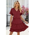 thumbnail image 5 of Womens Summer Dresses Casual Smocked V Neck Flutter Sleeve Cute T Shirt Sundress Solide Color Midi Beach Vacation Dresses (Wine red,Small), 5 of 6
