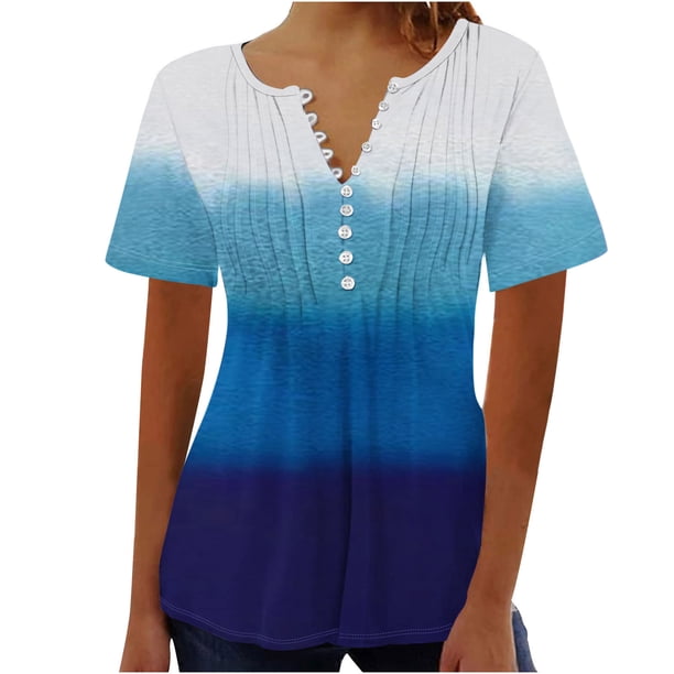 Tops de Algodón para las Mujeres Impreso en V-Cuello Botón Arriba Manga Corta Superior, Imitación Algodón Casual Blusa