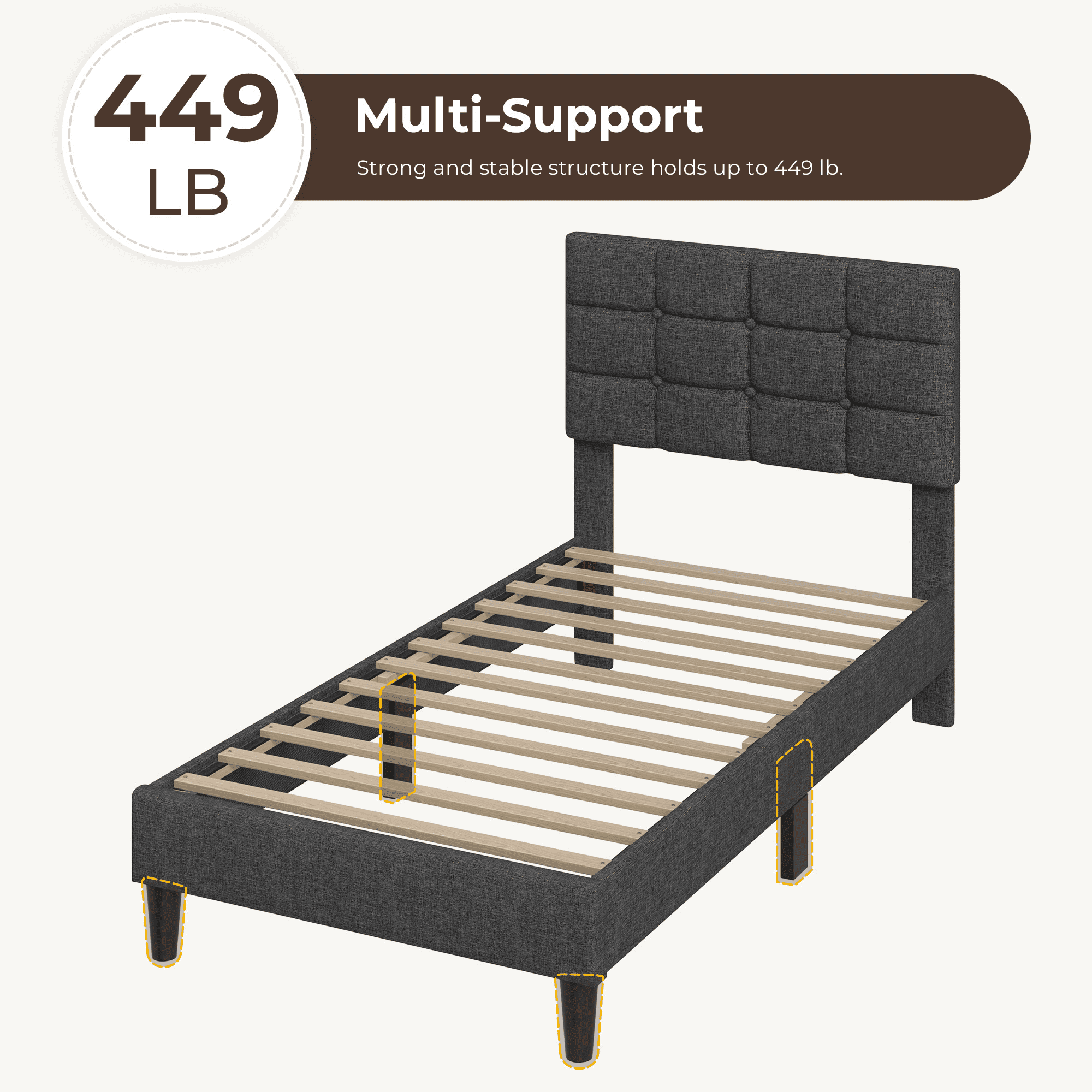 Renwick Twin Upholstered Bed Frame with Square Tufted Headboard, Dark Gray