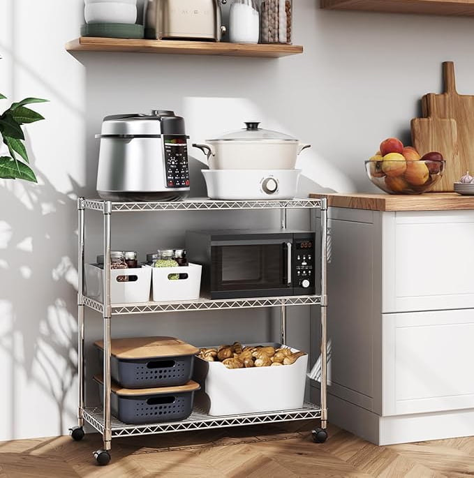 3-Shelf Wire Storage Shelves with Wheels,Adjustable Storage Units,Steel Organizer Wire Rack,Silver