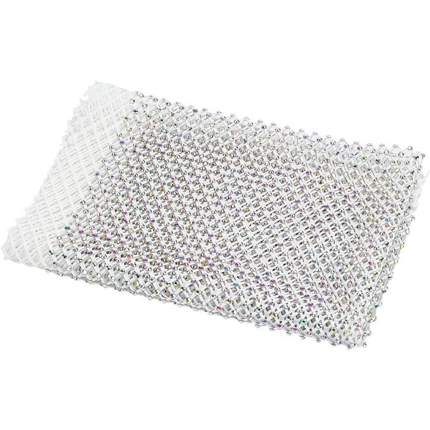 2 piezas de 0,48 yardas × 11,8 pulgadas de tela de malla elástica con pedrería blanca termoadhesiva, color AB, brillante, elástica, con pedrería.