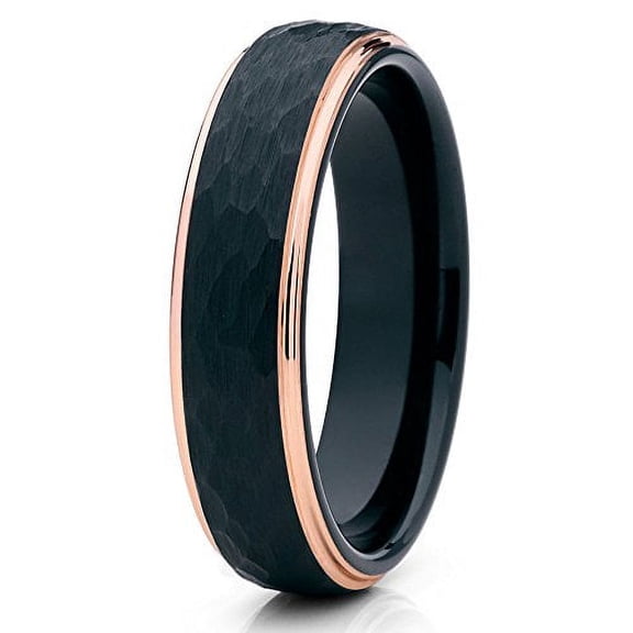 Black Tungsten Wedding Band Rose Gold Hammered Tungsten Wedding Ring Men & Women 6mm Black Tungsten Ring Anniversary Ring Comfort Fit Ring