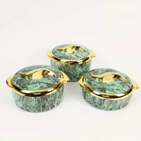 3-Piece Golden Touch Food Warmer Set, Thermal Insulated Stainless Steel Casserole Dishes with Lids for Hot & Cold Food, Buffet Serving Bowls, Hot Pot Sets, Office & Kitchen Use