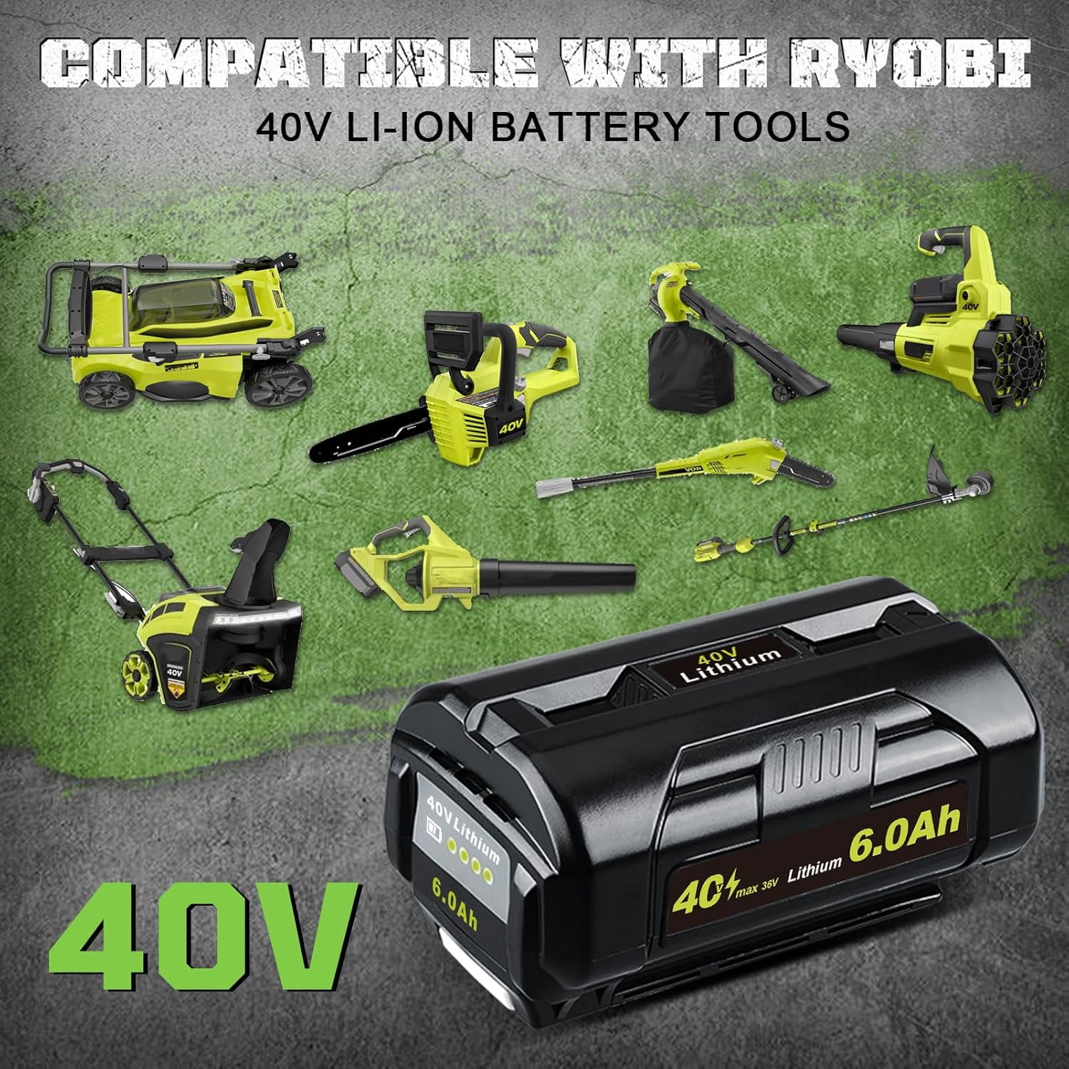 6.0Ah OP4040 Replacement for Ryobi 40V Battery Compatible with Ryobi Battery OP4040 OP40401 OP4026 OP40261 OP4050 OP40201 OP40601 40V Cordless Tools