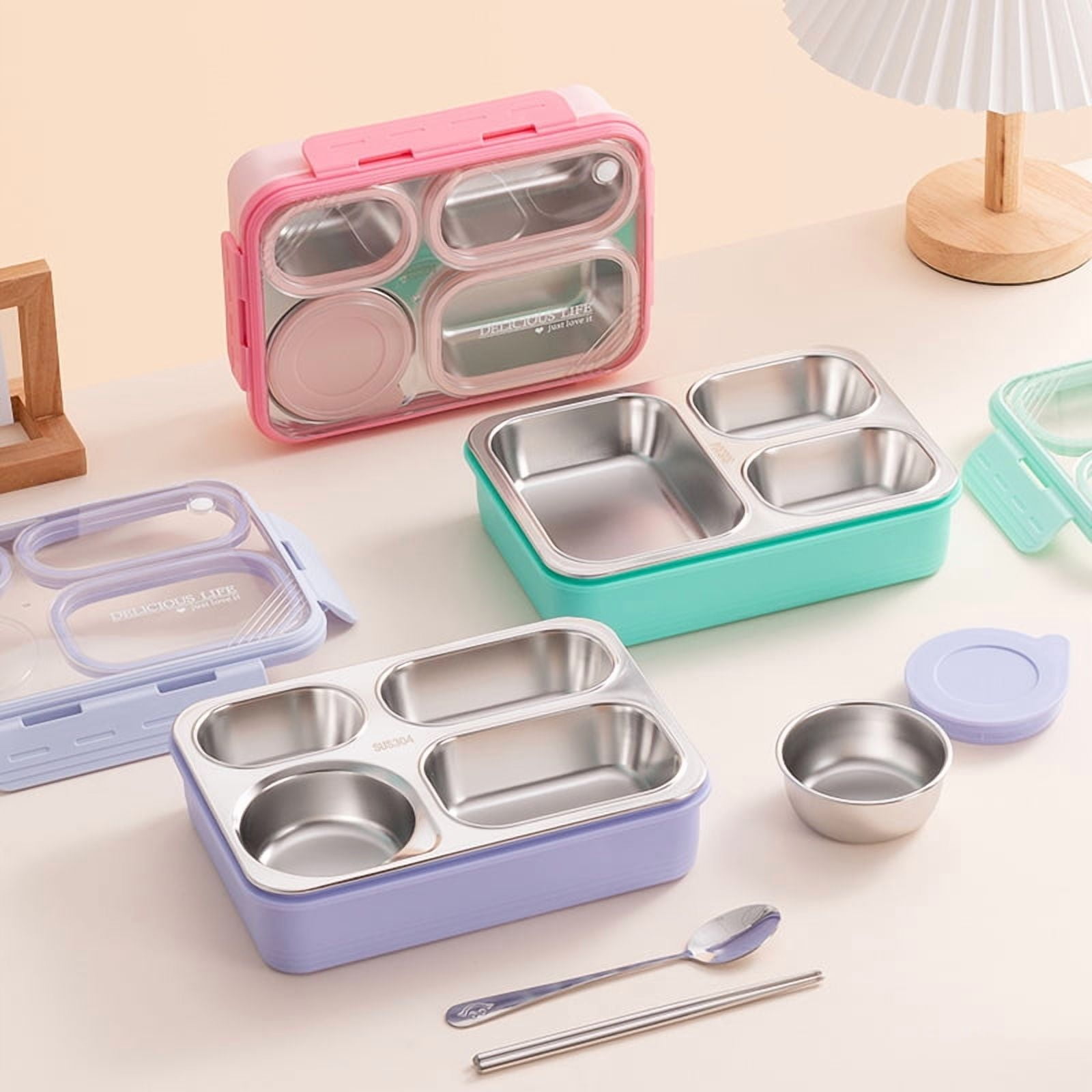 Stainless Steel Adults Bento Box Leak-resistant Lunch Box Containers Snack Containers 3-Compartment Snack Tray Soup Bowl with Lid Spoon Chopsticks Dishwasher Safe green