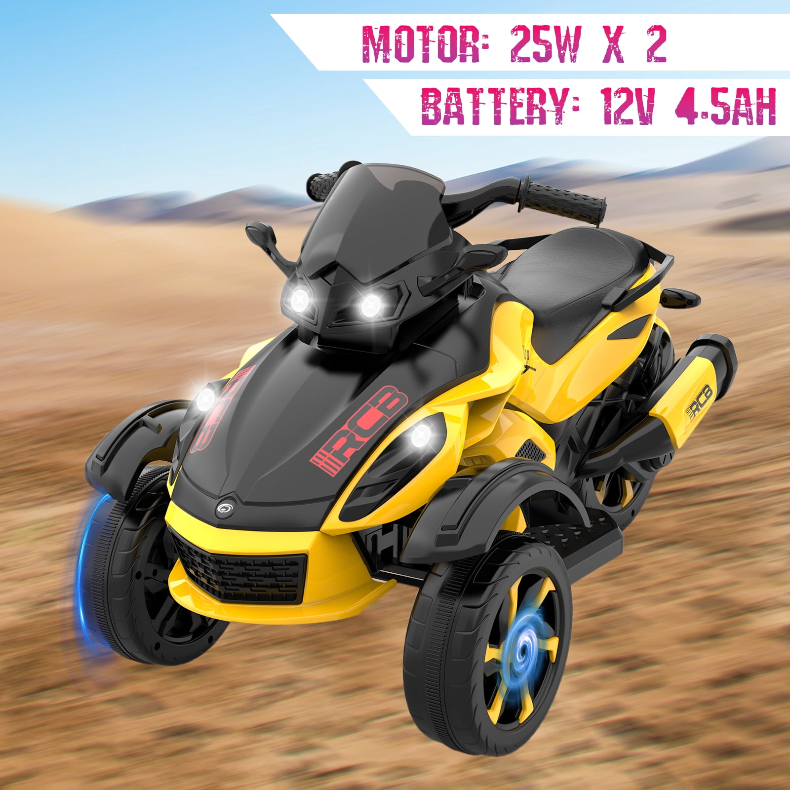RCB 12V Kids Ride on ATV w/ One-Touch Start, 3-Wheel Stability, LED Lights, Built-in Music Player - Yellow
