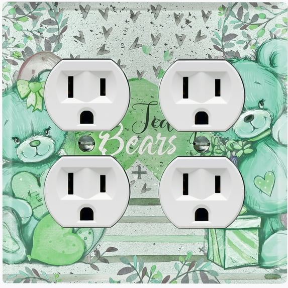 Metal Light Switch Wall Plate Outlet Cover (2 Teddy Bears Green With Love Heart Balloon Present Flower - Double Duplex)