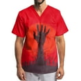 thumbnail image 2 of Domuza Mens Scrubs Top Plus Size V-Neck Short Sleeve Horror Novelty Print Nursing Top Comfort Soft Stretch Working Blouse with Chest Pockets Deep Red M, 2 of 4