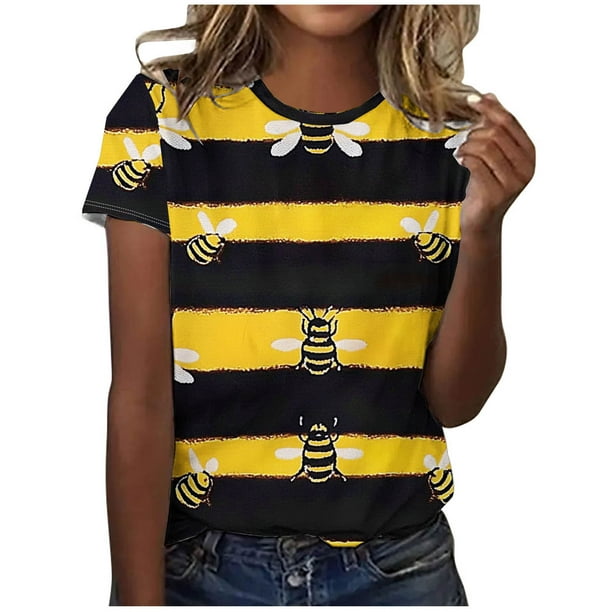 Blusas de Manga Corta para las Mujeres Cuello Redondo de Impresión de Verano, Top de Poliéster de Moda Casual para Toda la Temporada