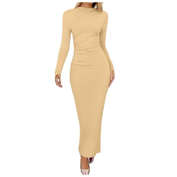 2025 Vestido largo ajustado de color liso para mujer: poliéster, cintura imperio, temperamento elegante, lavable a máquina, tallas S-L, contorno de pecho 76-100 cm