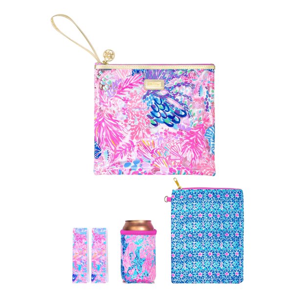 Lilly Pulitzer Bolsa De Vinilo Resistente Al Agua Para El Día De La Playa, Bolsa Con Cremallera, Incluye Bolsa Pequeña Para Abrazar Bebidas Y Clips Para Toallas Esplendor En La Arena