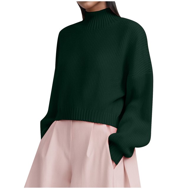 GDREDA Womens Sweaters Fall 2024 Long Lantern Sleeve Oversized Sweater Casual Crewneck Loose Ribbed Knit Pullover Tops Dark Green,M