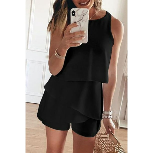 Chicfine Women s Black O Neck Ruffle Romper Black