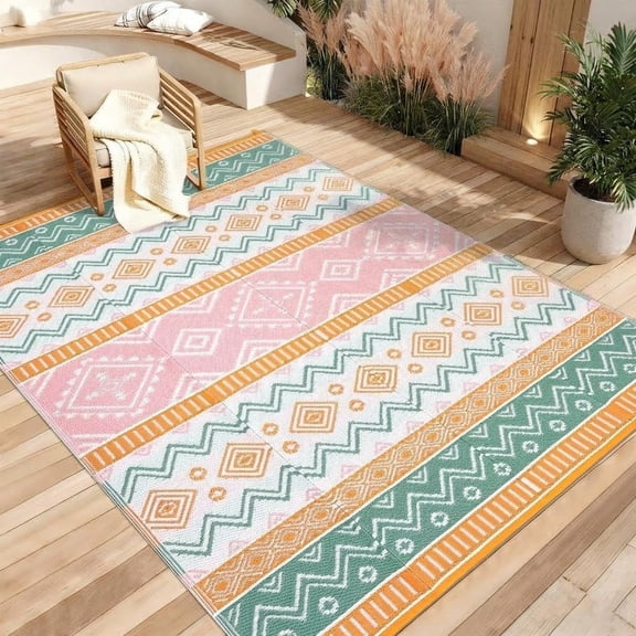 Yellow/Rose Red 8x10 Outdoor Waterproof Reversible Rug, Plastic Straw RV Mat, Stain-Resistant Indoor Outdoor Carpet for Patio, Deck, Balcony, Picnic & Beach