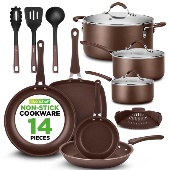 NutriChef 14 Piece Non-stick Kitchen Cookware Set, Brown