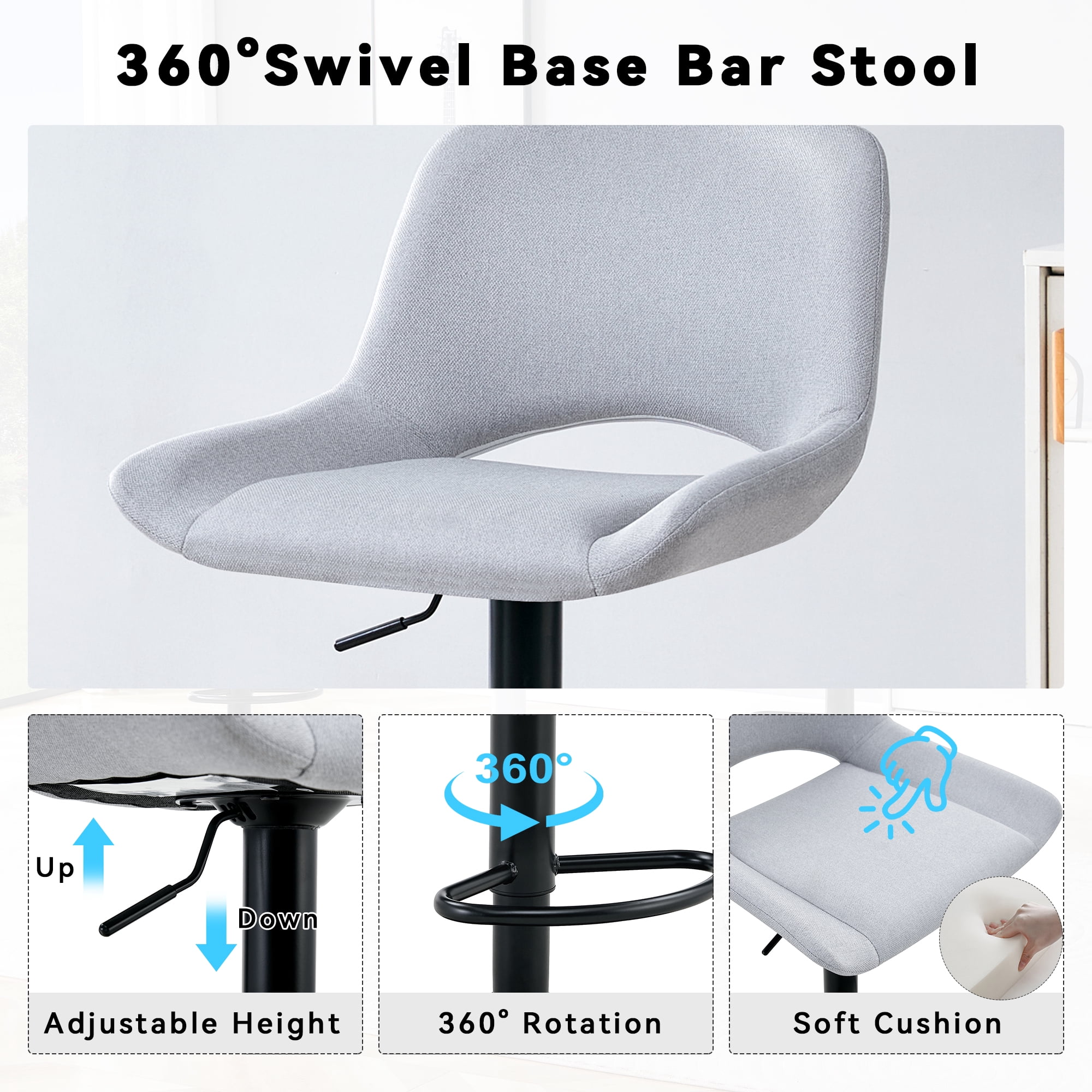Bar Stools Set of 2, Adjustable Height Swivel Bar Stools with Linen Fabric Seat, 360 Degree Rotating Counter Height Stools for Kitchen Island and Home Bar, Black Metal Frame
