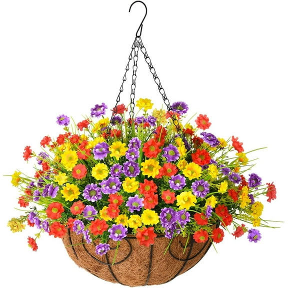 Artificial Daisy Flower in Basket, Hanging Flowers Basket Centerpieces, Outdoors & Indoors Flowers in Coconut Lining Hanging Baskets for The Decoration of Courtyard (Blend Color)
