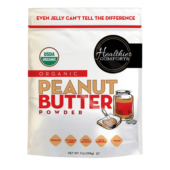Healthier Comforts Organic Peanut Butter Powder 7oz | 100% Peanuts, Gluten Free, Vegan, Kosher, Keto-Friendly | No Added Sugars, Low Sodium | Perfect For Protein Powder Shakes