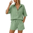 thumbnail image 3 of WAYUTE Short Sets Women 2 Piece Outfits Trendy Lapel Solid Color Blend Shirt and Shorts with Pockets Comfortable Soft Summer Casual Wear, 3 of 7